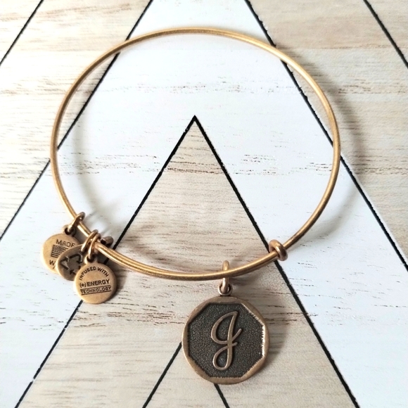 Alex and Ani Rafaelian Gold tone ‘J’ Initial Monogram Charm Bangle Bracelet - Picture 4 of 5